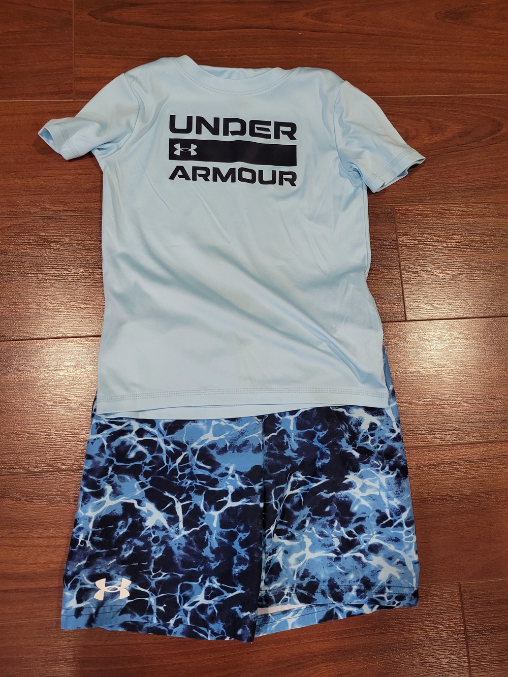 Under Armour Light Blue Rash Guard with Blue Marble Swim Shorts